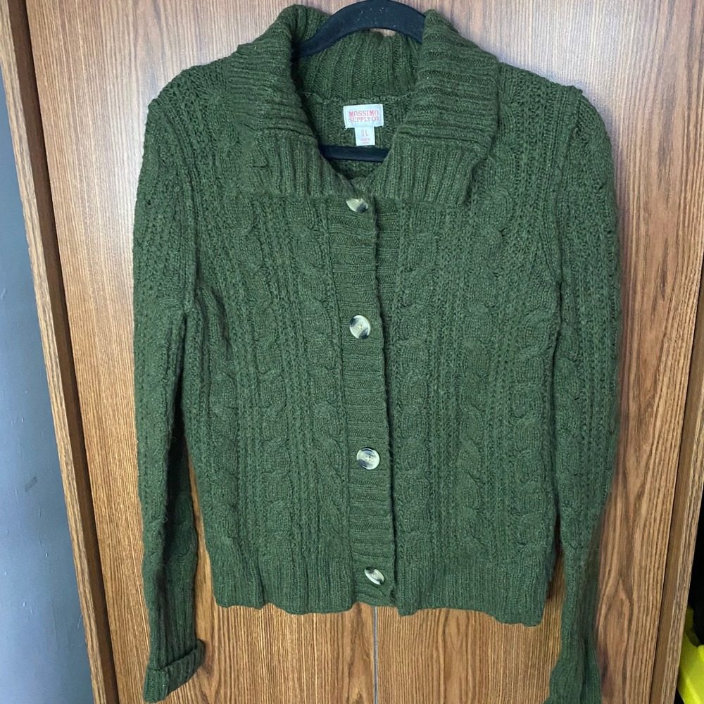 Mossimo Cardigan Women Large Green Cable Knit Button Front Wool Blend Sweater